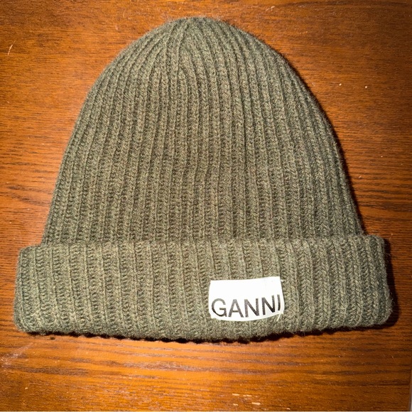 Olive Green GANNI Oversized Wool Rib Knit Beanie - Picture 4 of 5